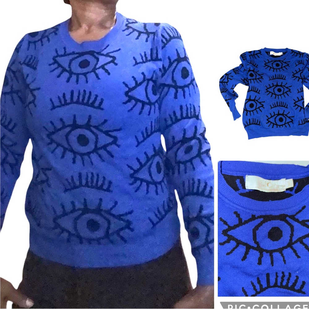 Lizette Collection Vintage Blue Sweater with Eye Pattern Small